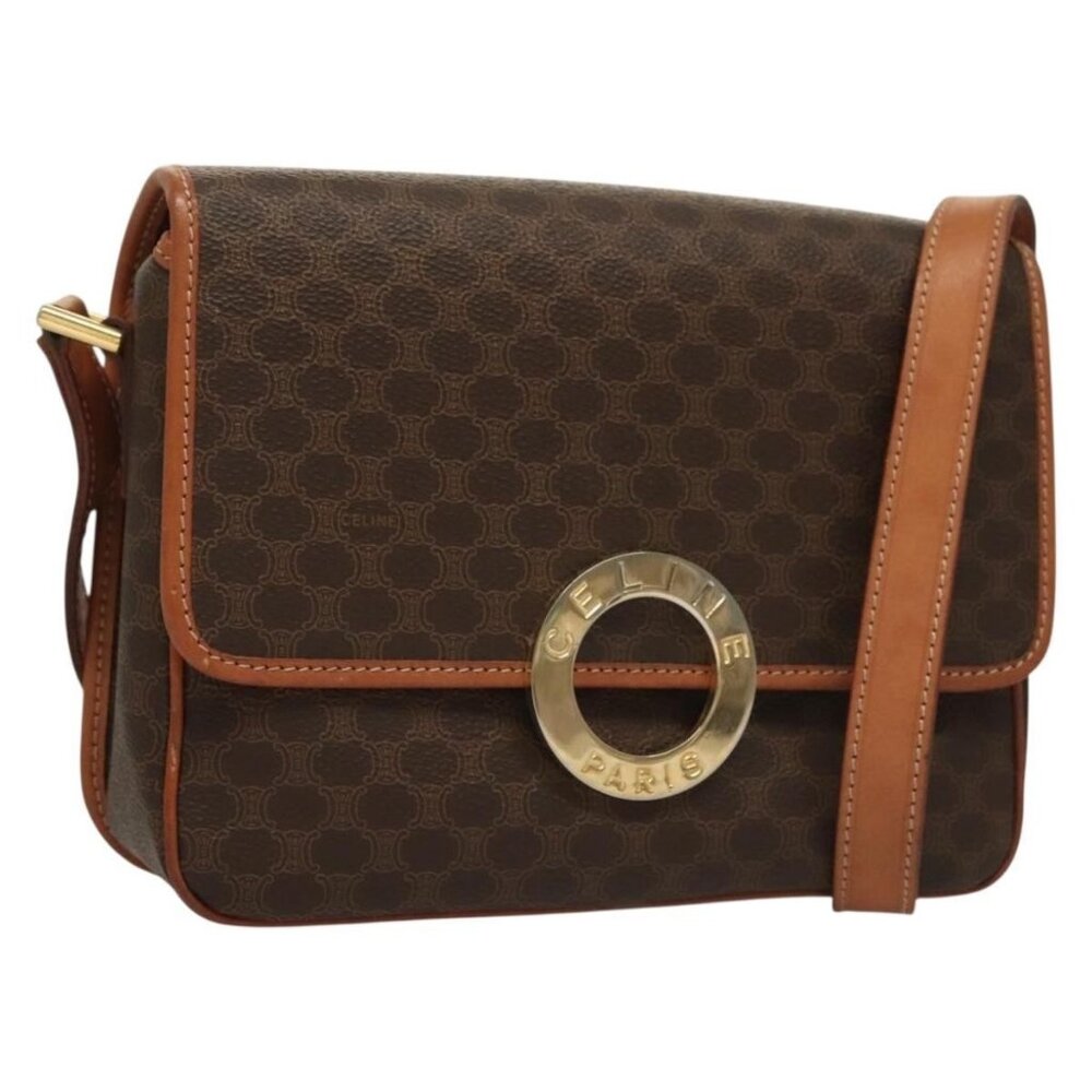 Authentic CELINE Macadam Canvas Shoulder Bag PVC Leather Brown Gold
